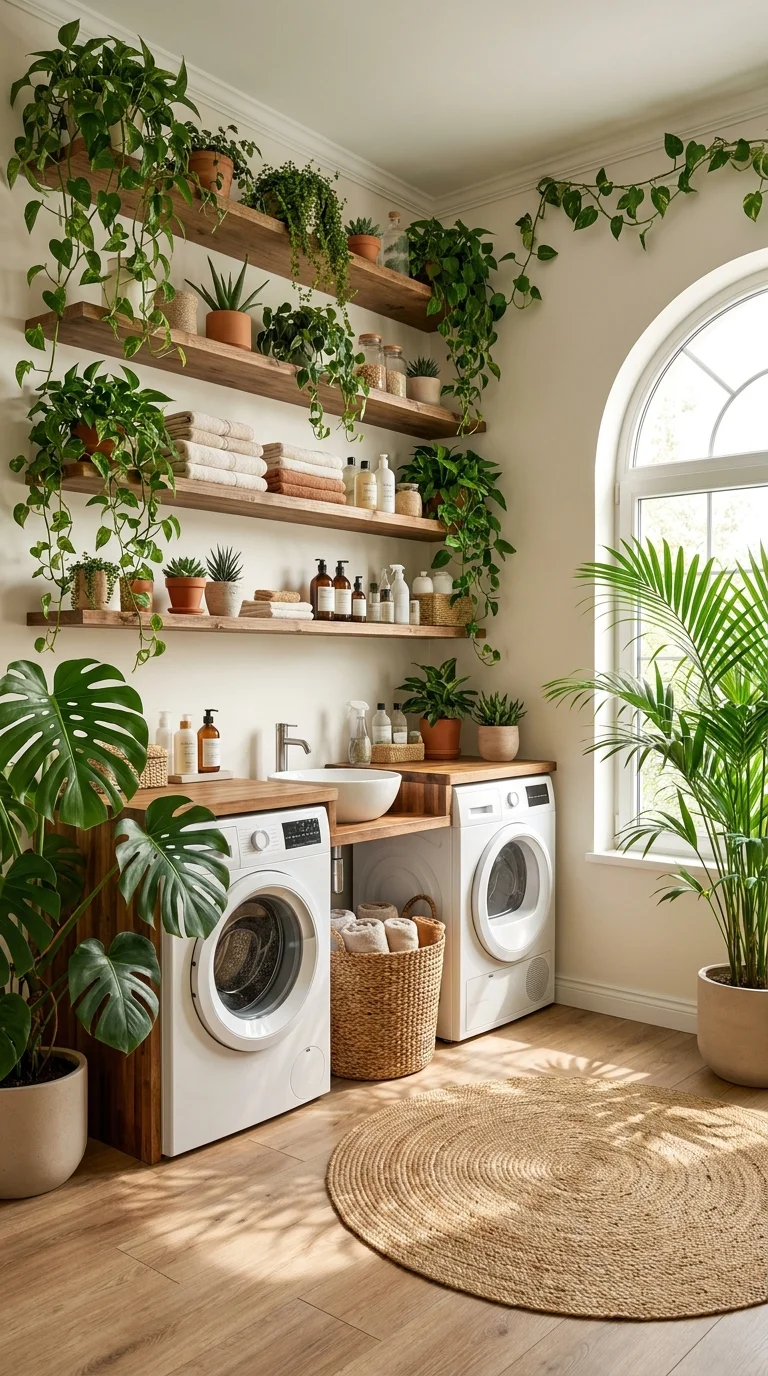 Plant-filled jungle boho laundry room with trailing pothos and an arched window
