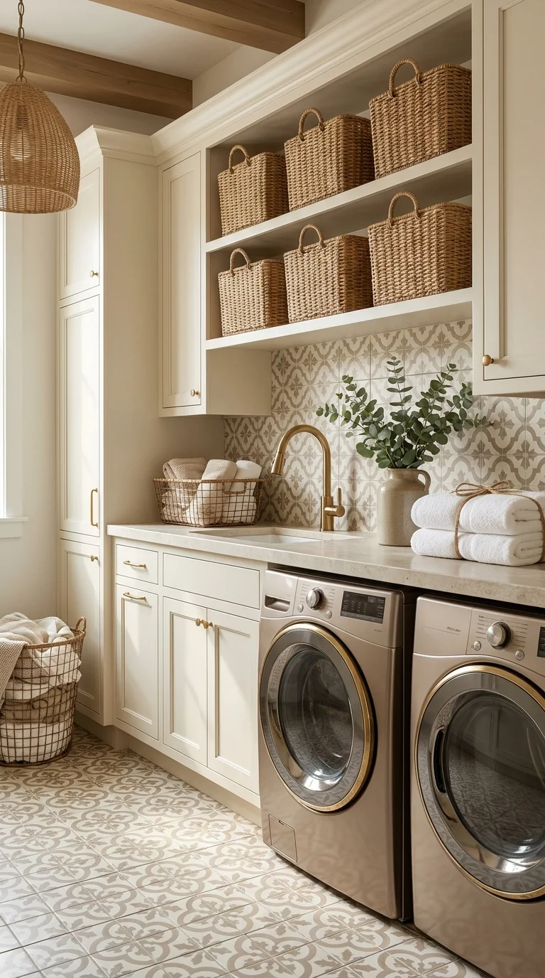 Cream laundry cabinetry with gold hardware and patterned cement tile flooring