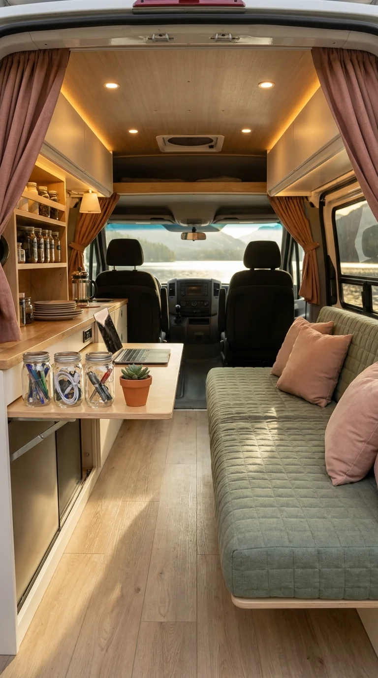 Van's front cab lounge with fold-out desk and mountain lake view