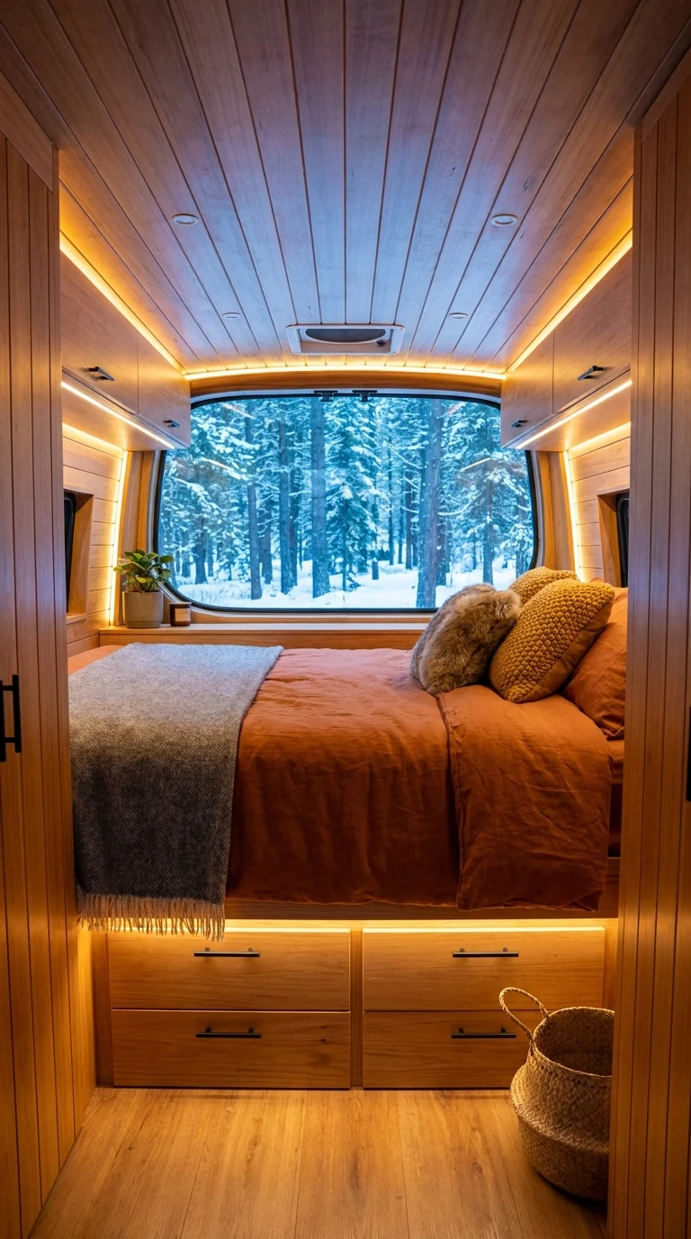Wood-paneled camper van bedroom nook with rust bedding and snowy forest window