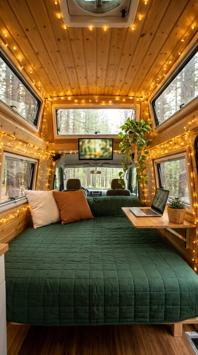 Full-width camper van bed strung with warm string lights and forest view