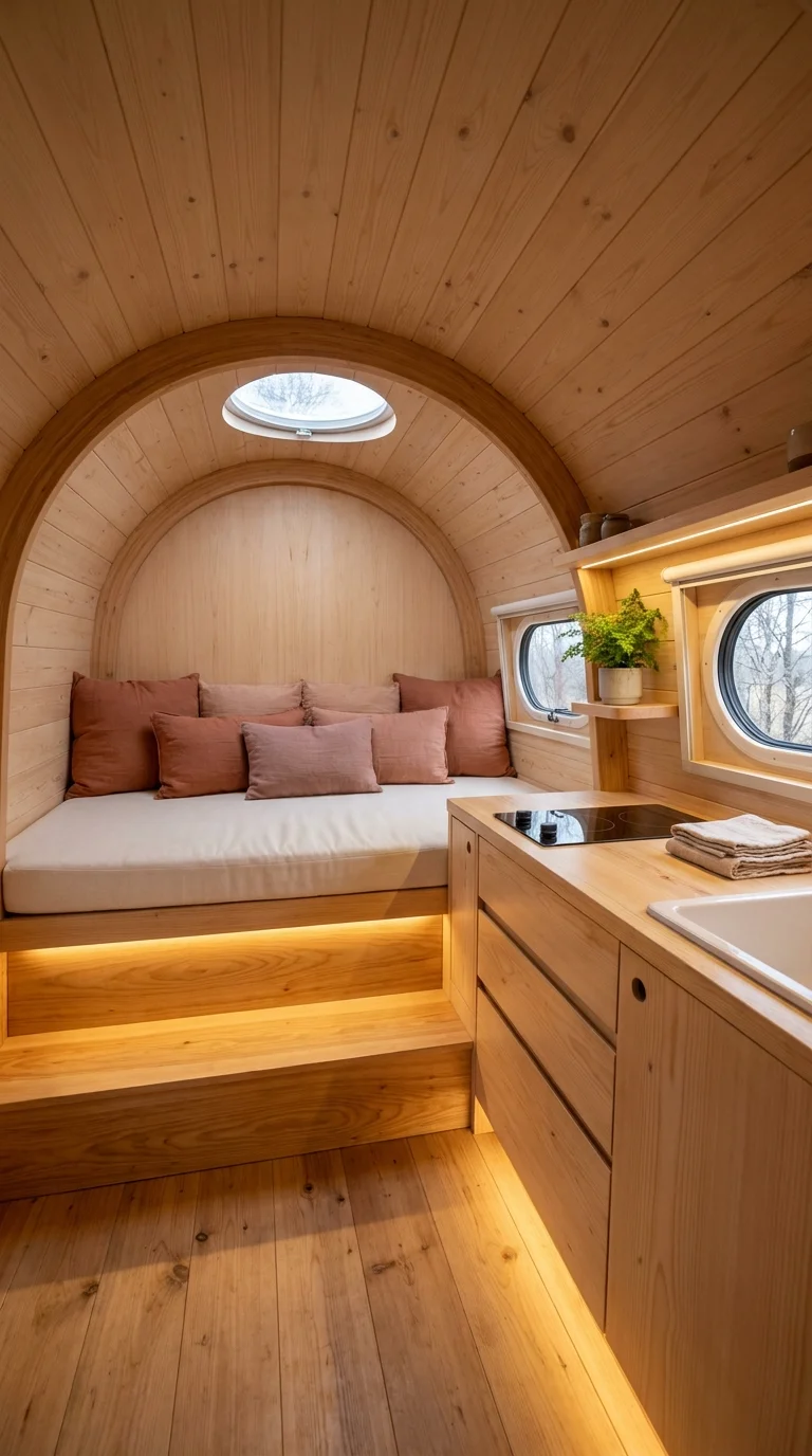 Curved barrel-vault van bedroom with sunken lounge and built-in kitchenette