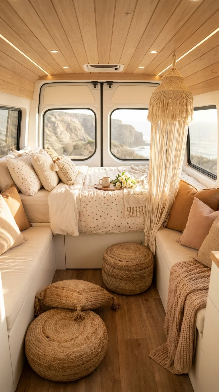 Boho camper van lounge bed with jute poufs and ocean cliff view