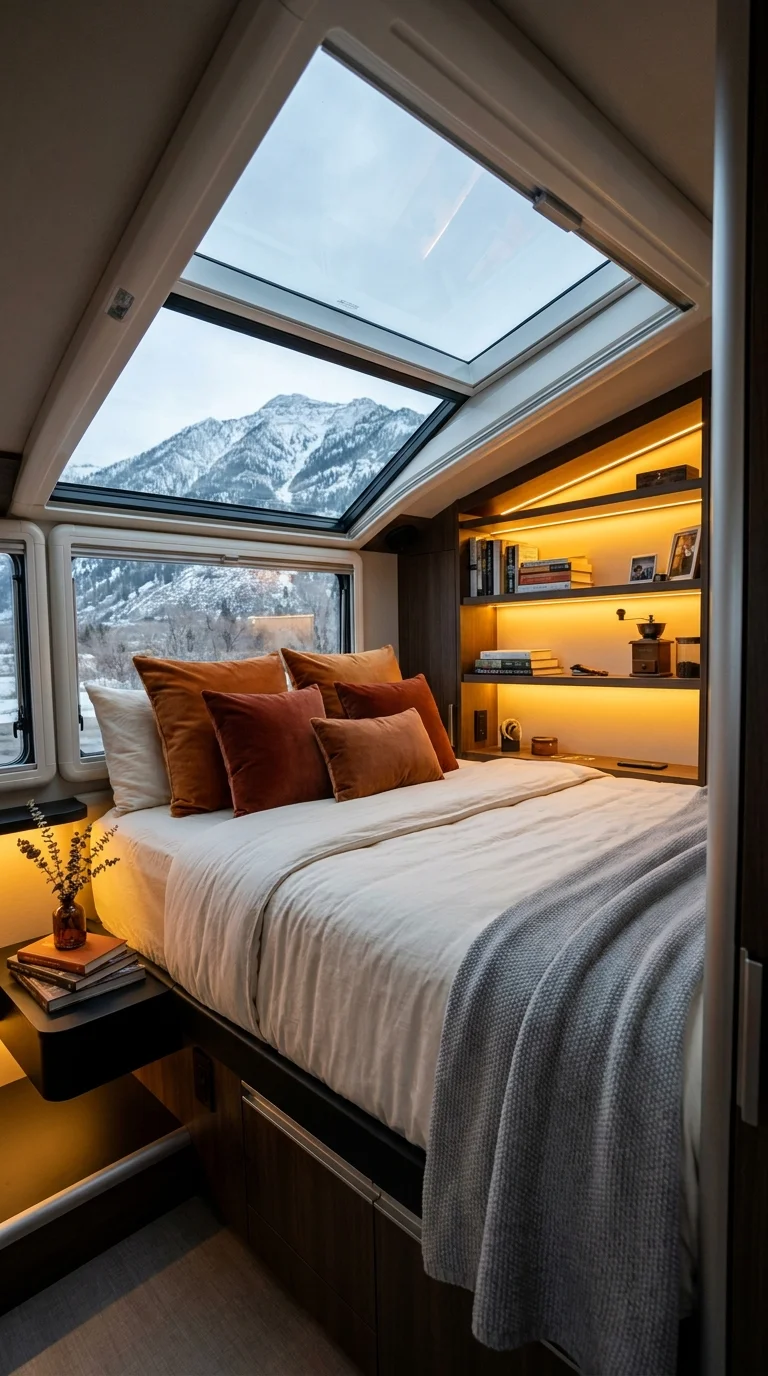 Van bedroom with built-in bookshelf headboard and mountain-view skylight window