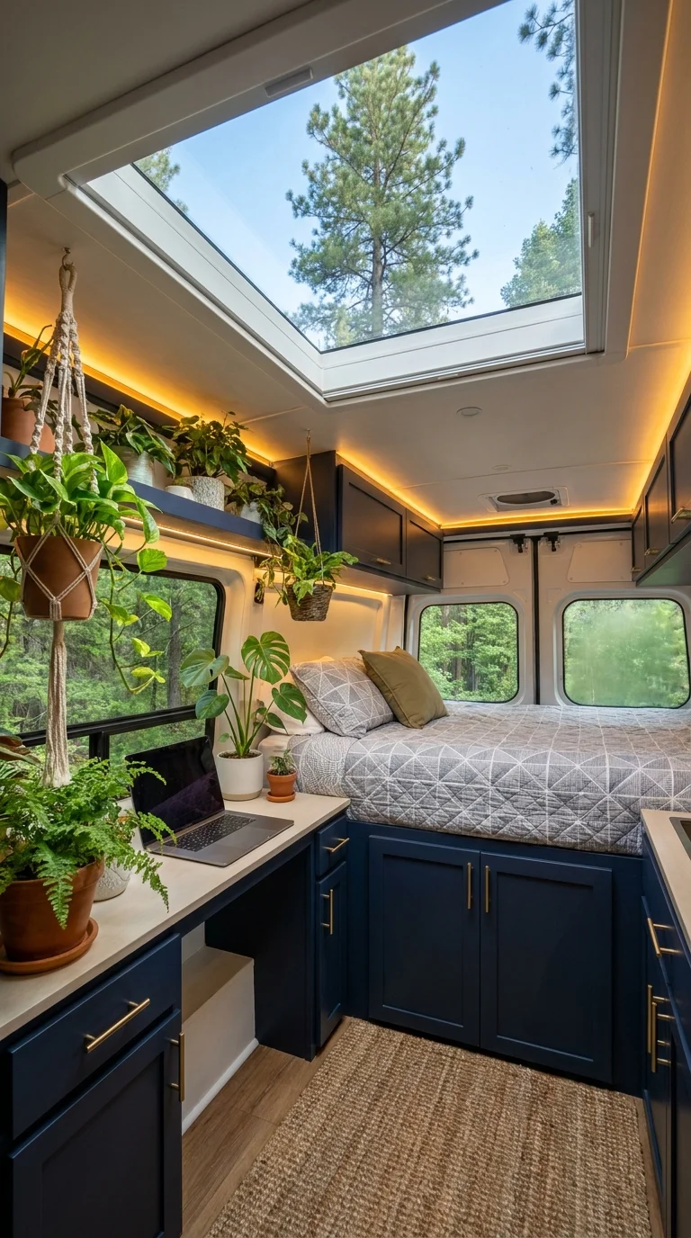 Navy cabinetry home office and bed nook filled with hanging plants