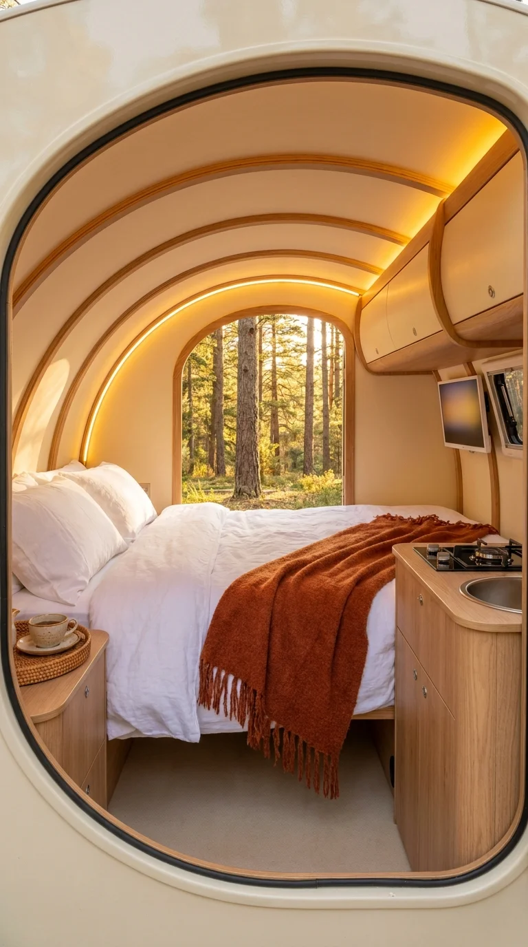 Teardrop-style van bedroom with arched window and built-in galley kitchen