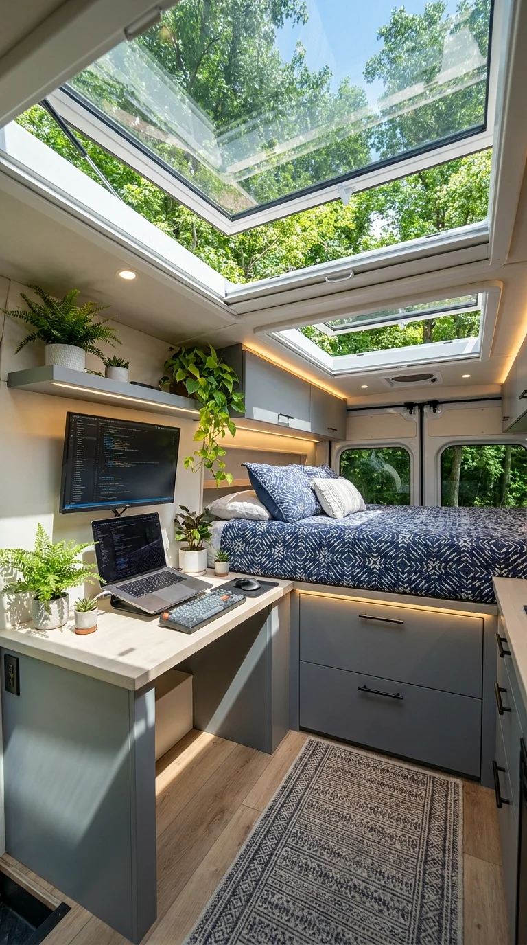 Dual-monitor van workspace desk beneath open skylights beside patterned bed