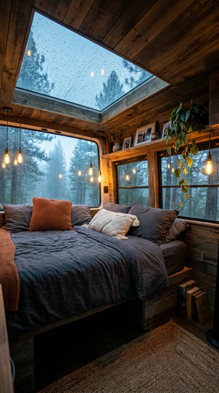 Rustic van bedroom under a rain-streaked skylight lit by Edison bulbs