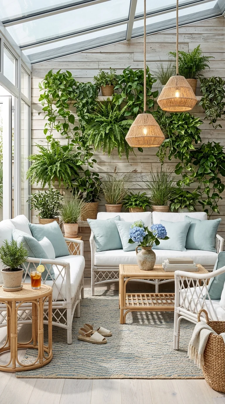 Glass-roofed sunroom with layered cascading plant wall and rattan seating