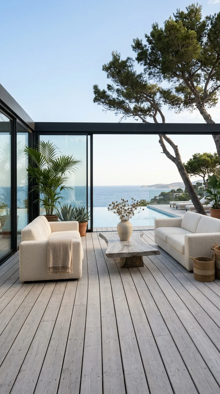 Minimalist coastal deck with boucle sofas facing an open ocean view