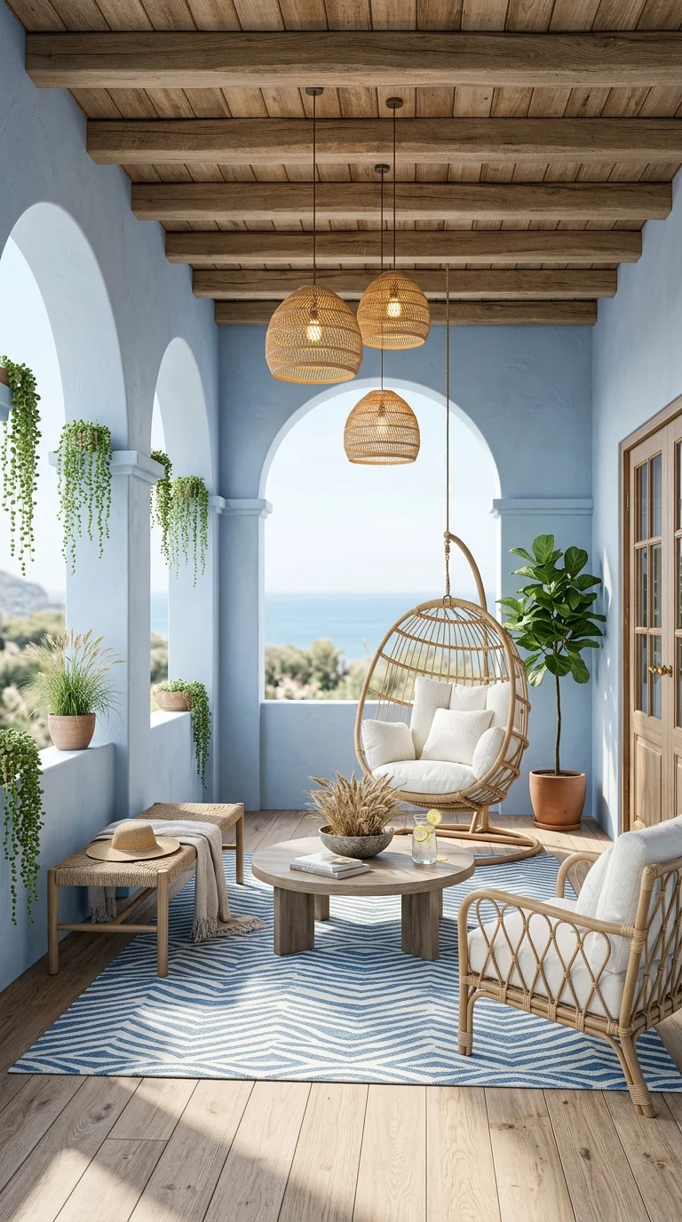 White archway loggia with hanging rattan chair and blue limewashed walls