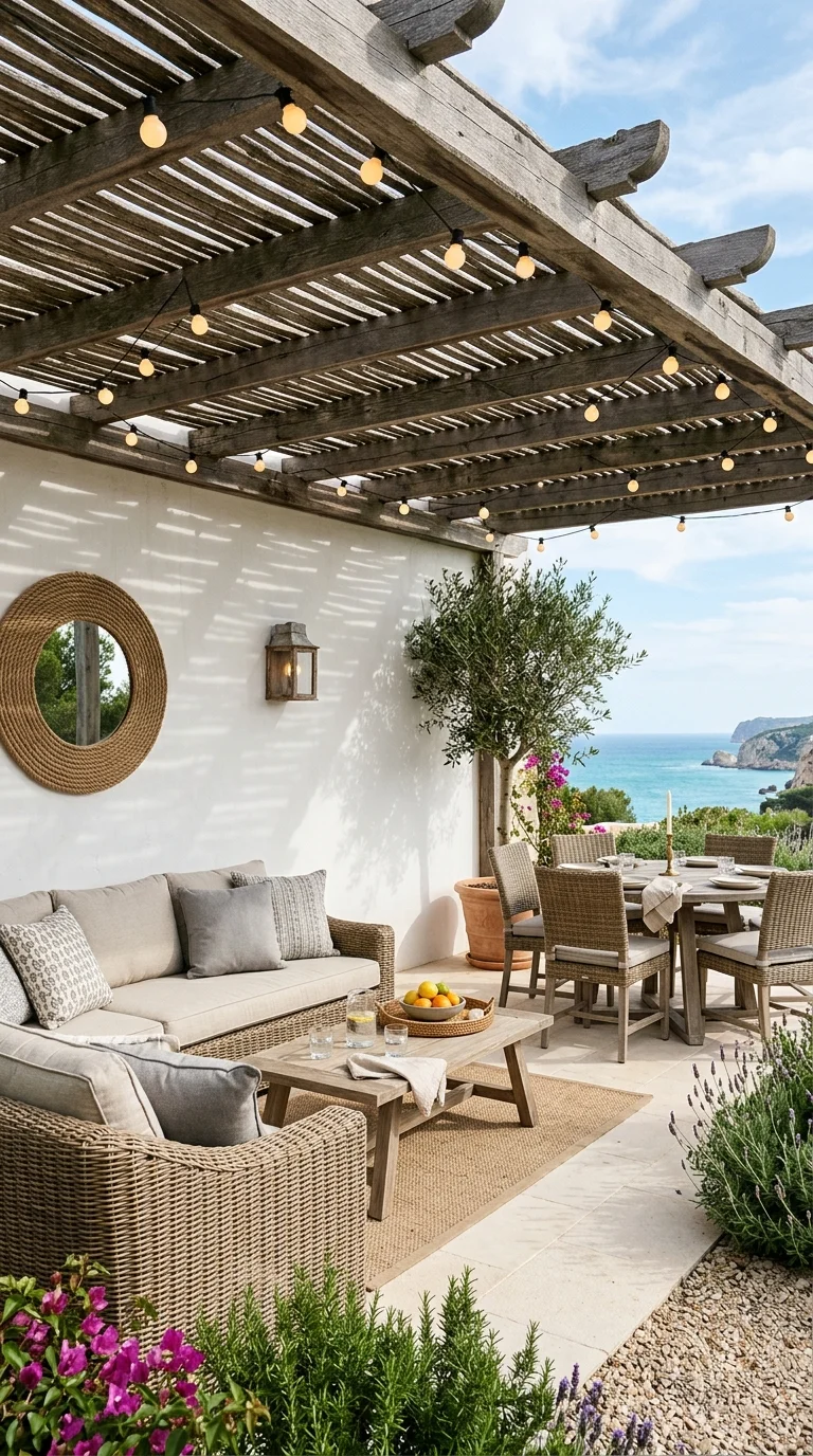 Wood pergola dining area strung with warm string lights at dusk