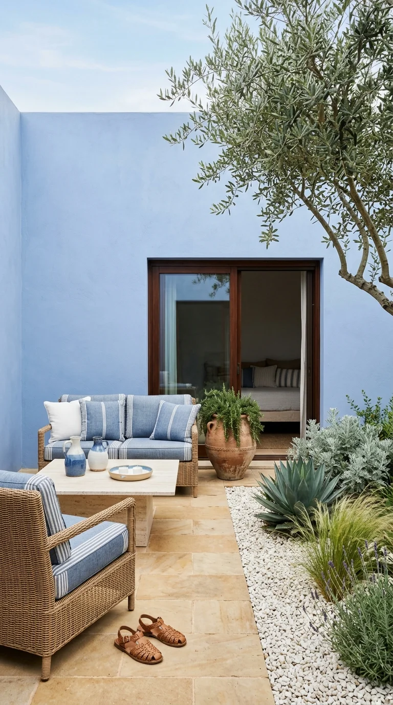 Xeriscaped courtyard with agave lavender and cobalt blue stucco wall