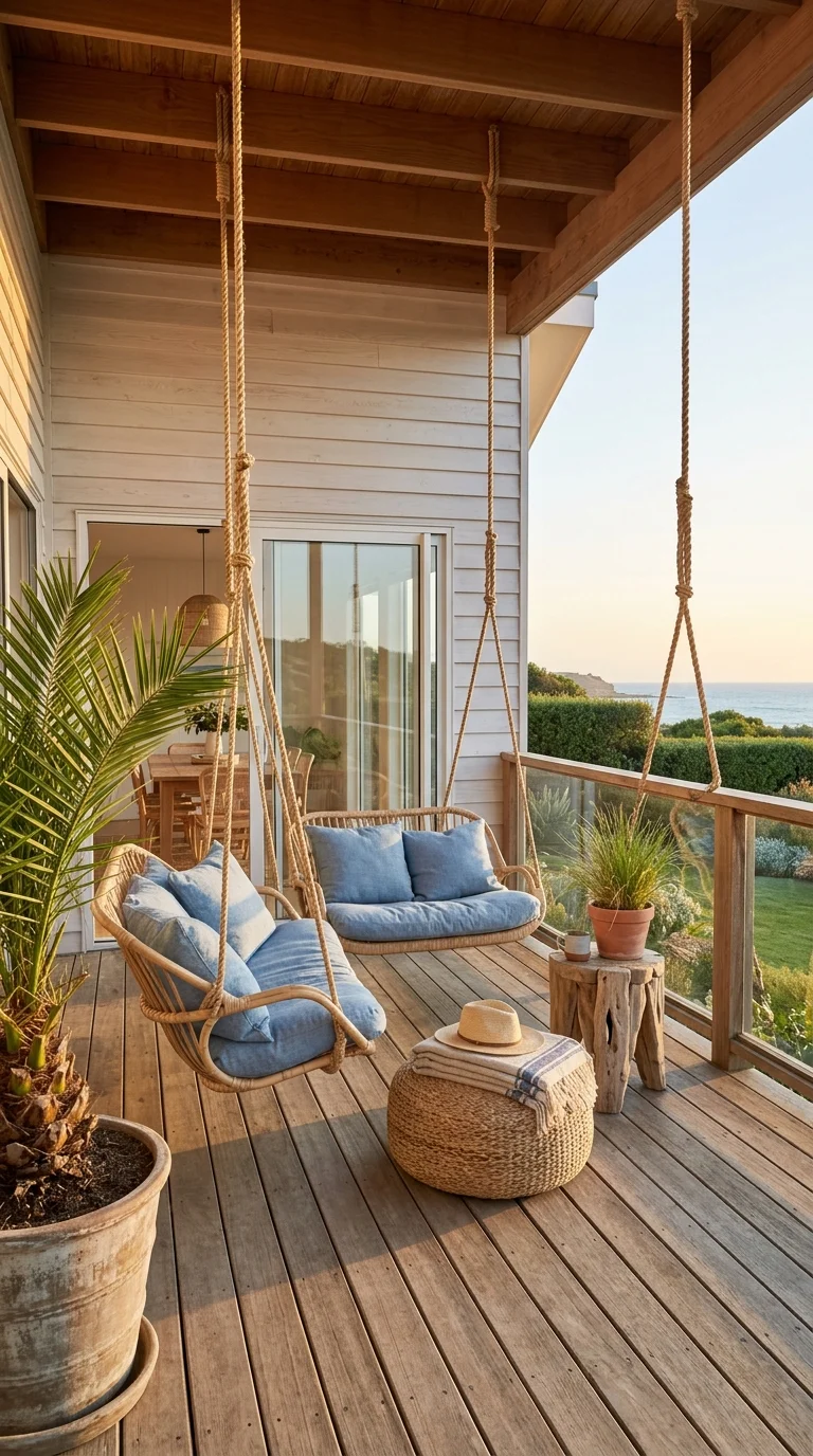 Rope-hung porch swings overlooking the ocean on a weathered cedar deck