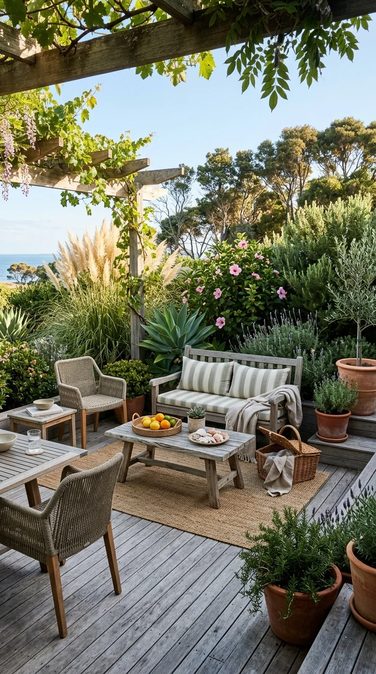 Overgrown cottage garden pergola with pampas grass and glimpses of the sea