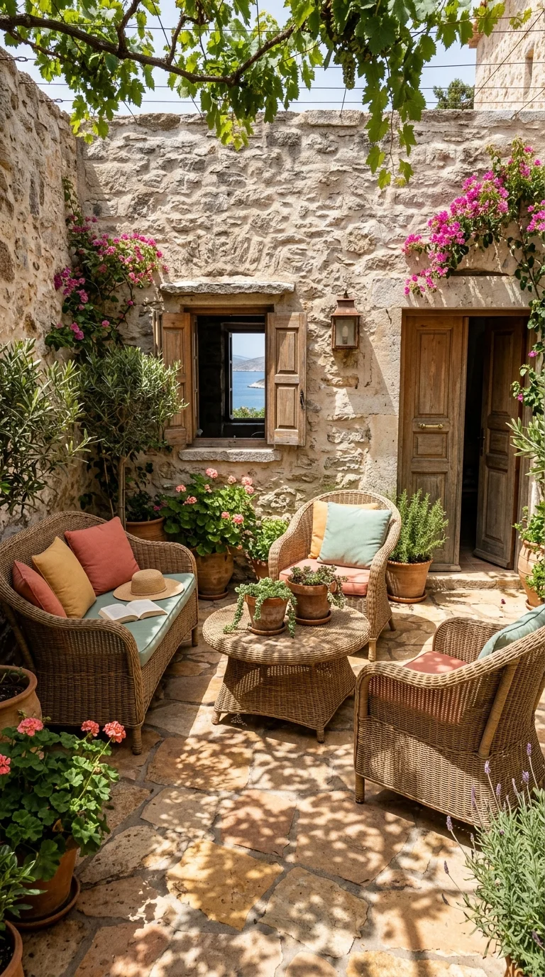 Stone-walled courtyard with coral cushions climbing bougainvillea and wicker furniture