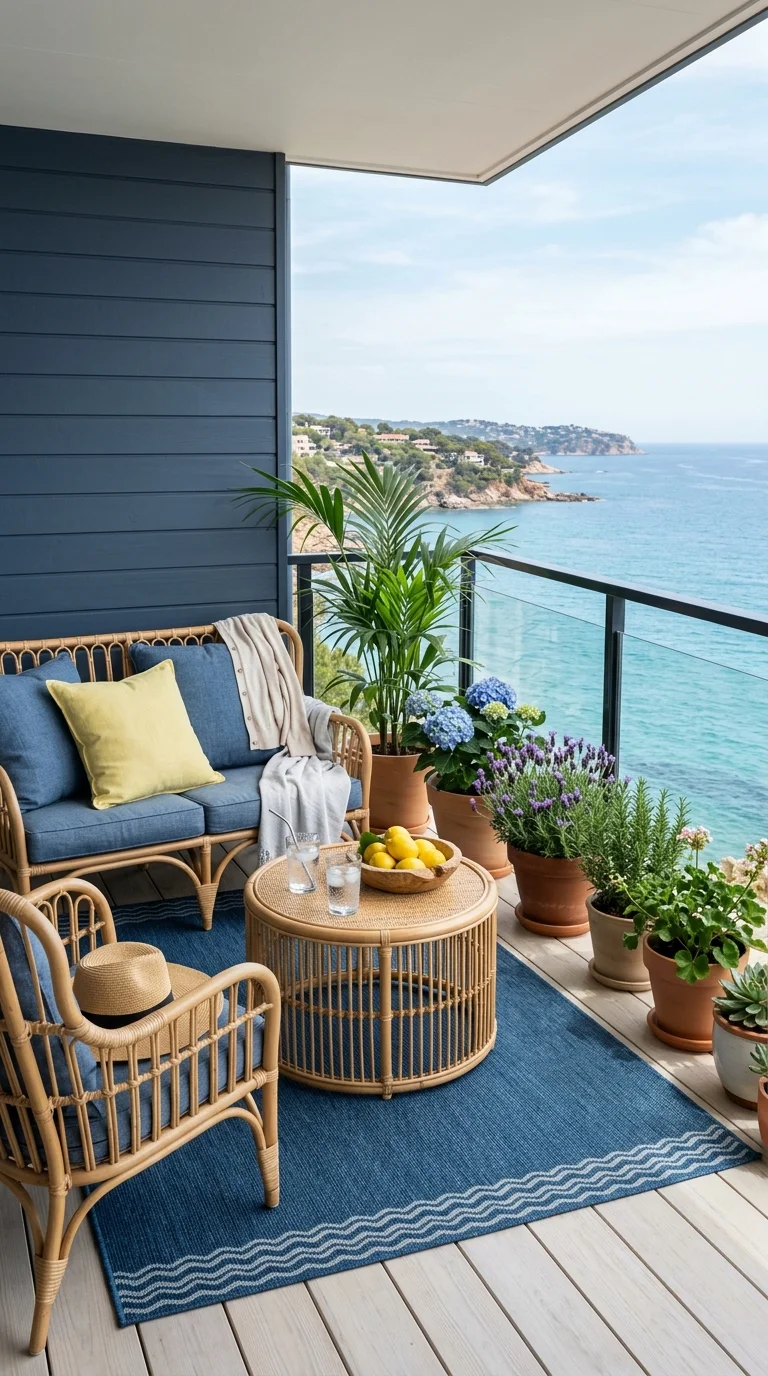 Apartment balcony railing lined with terracotta pots of herbs and succulents