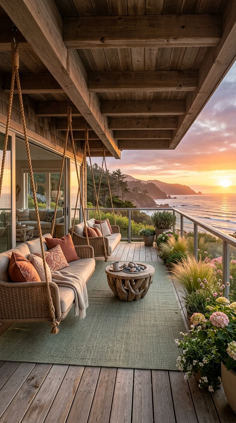 Sunset porch with rope swings in warm rust and terracotta tones