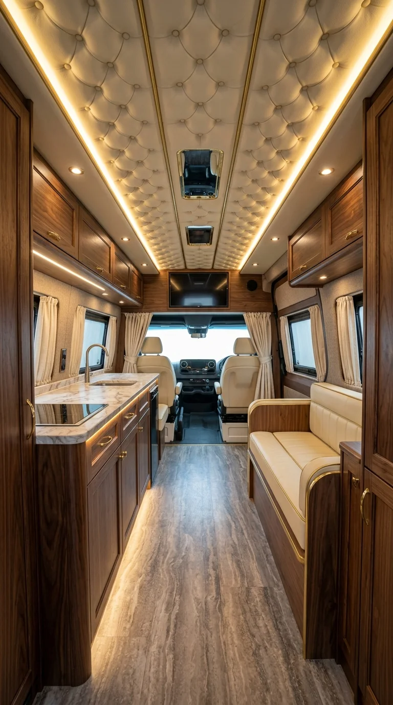 Tufted diamond ceiling with brass trim above a Sprinter van galley