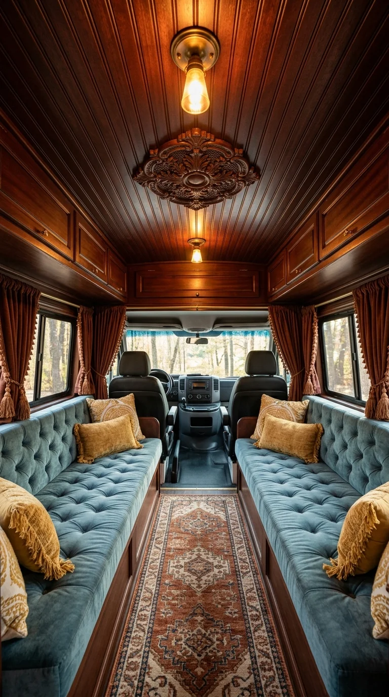 Carved wood ceiling medallion glowing above blue tufted bench seating