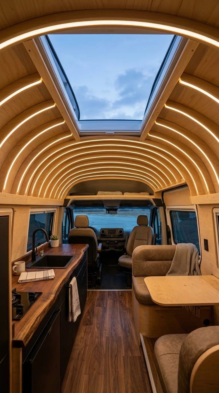 Curved plywood slat ceiling framing a large square skylight in a camper