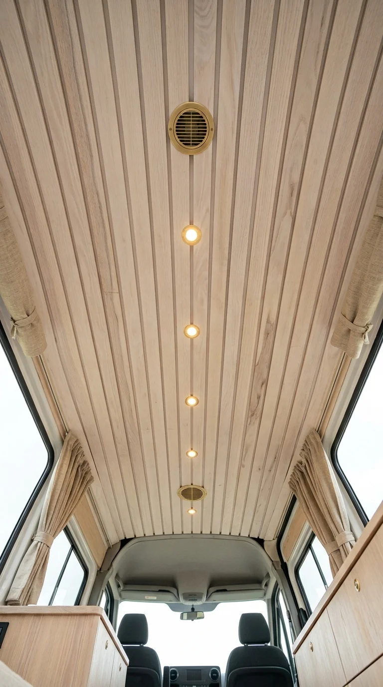 Vertical tongue-and-groove wood ceiling with brass vents above a van cab