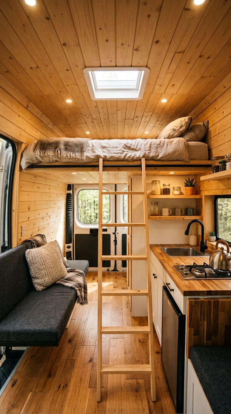 Loft sleeping platform built into a pine-paneled van ceiling with skylight