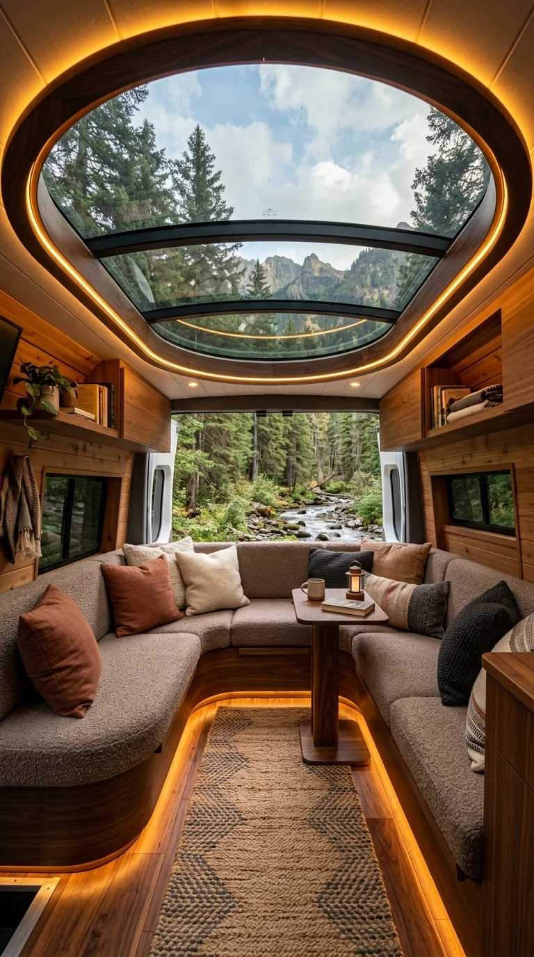 Oval panoramic skylight framed in warm light above a curved camper lounge