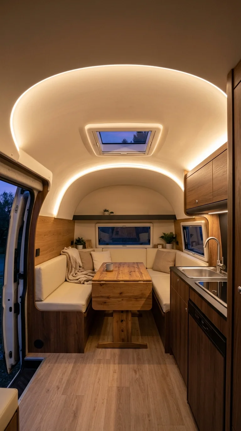 Smooth curved trailer ceiling with hidden cove lighting and small skylight