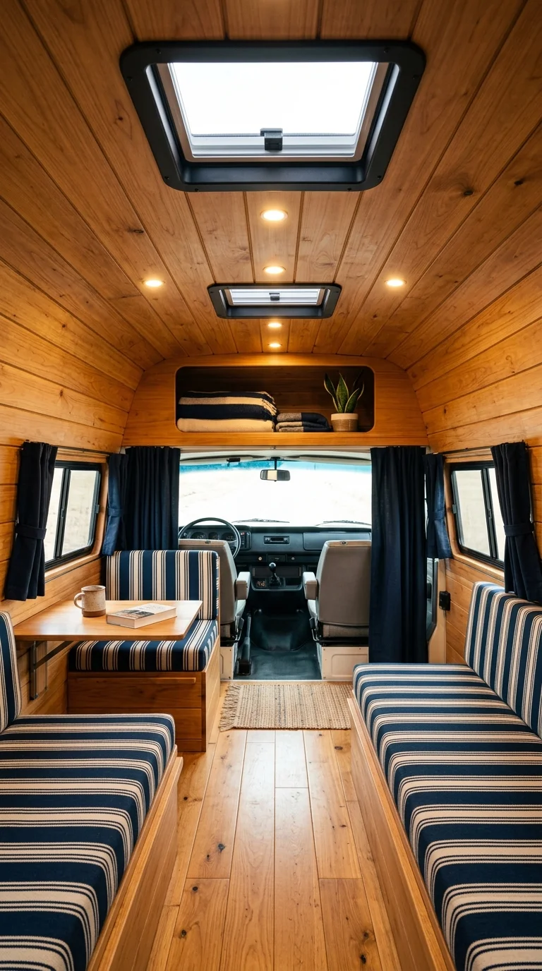 Striped bench seating beneath a wood ceiling with two flush skylights
