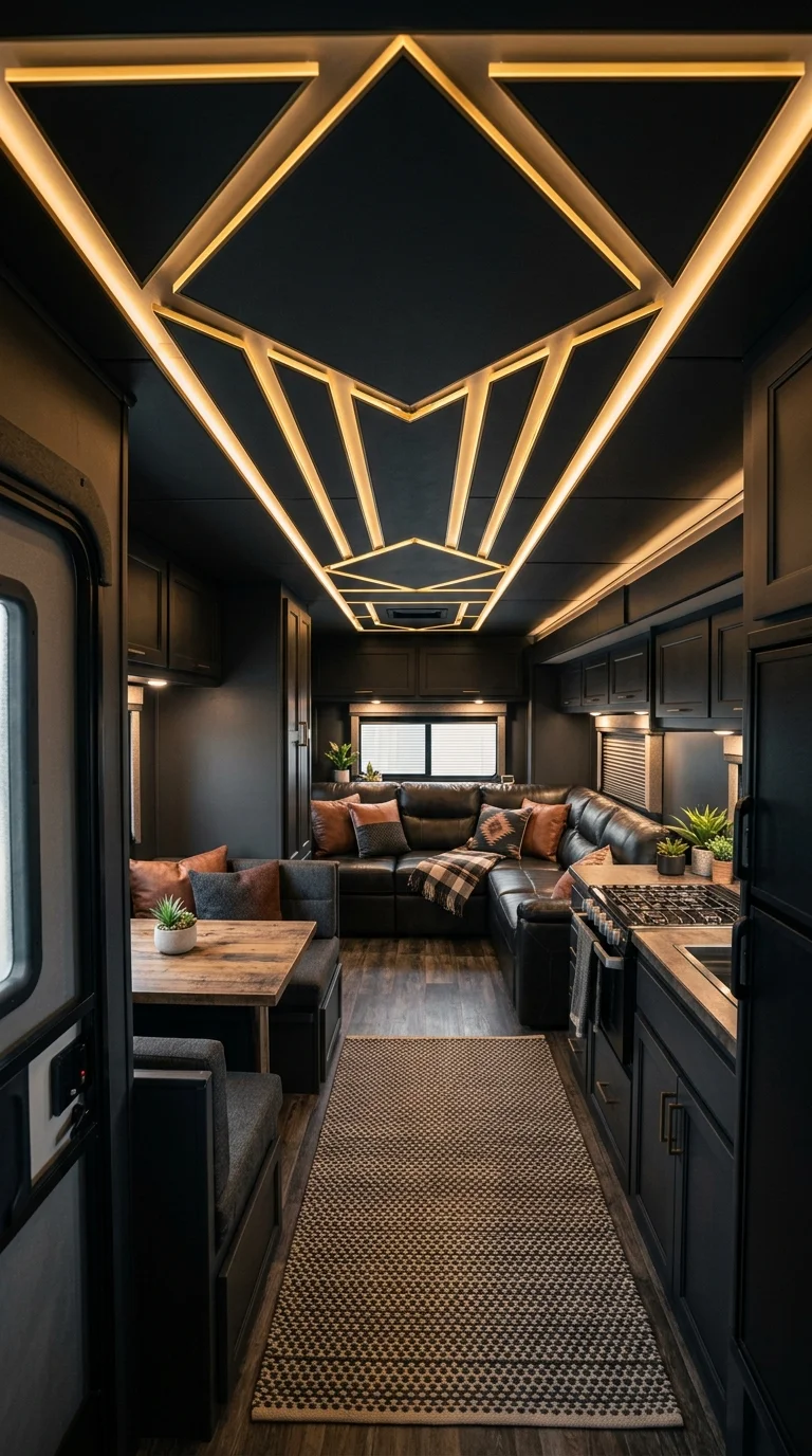 Geometric brass line lighting forming triangles across a black van ceiling