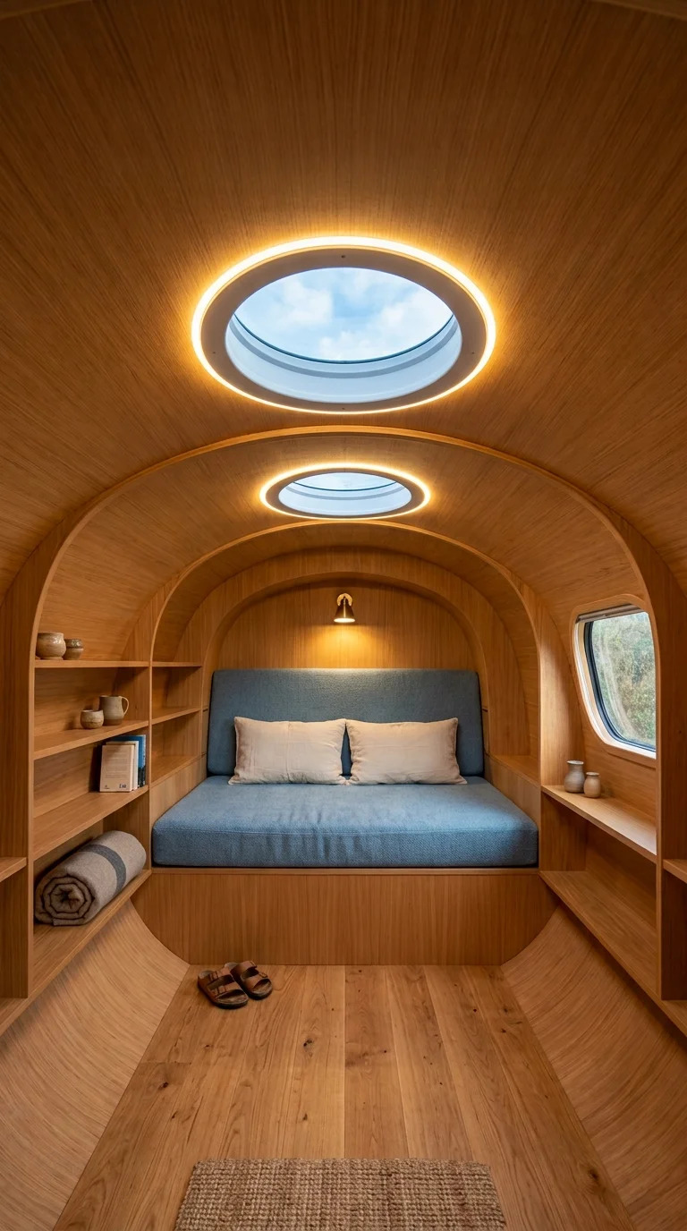 Wood-clad rounded ceiling with two circular skylights above a daybed nook