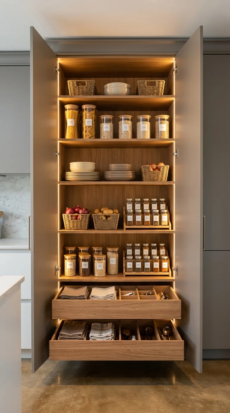 Two-door gray pantry cabinet with warm wood interior, LED shelf lighting, and labeled glass jars