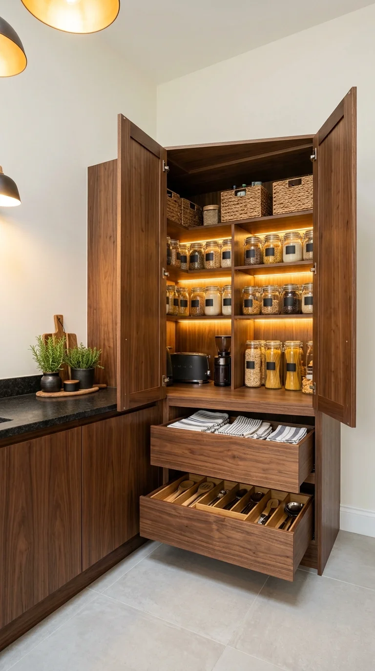 Dark walnut pantry cabinet divided into two symmetrical columns with black jar labels