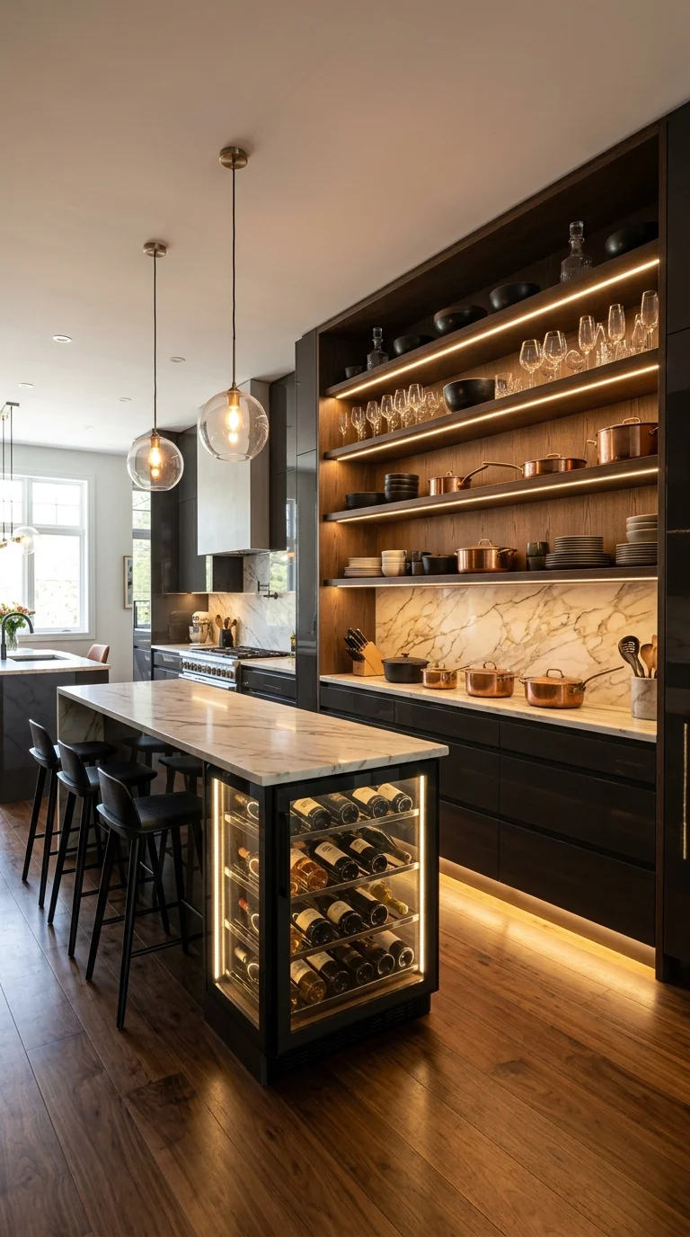 Open kitchen shelving with LED lighting displaying glassware, copper pots, and a built-in wine cooler island