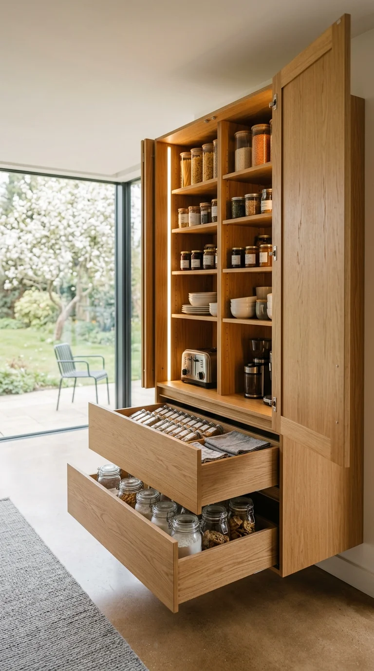 Light oak pantry cabinet with grid-style cubby compartments and vertical LED strip near a garden window