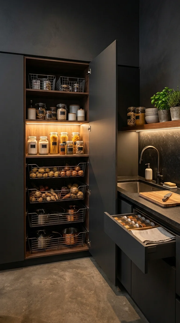 All-black kitchen pantry with wire mesh pull-out baskets for onions, potatoes, and pots