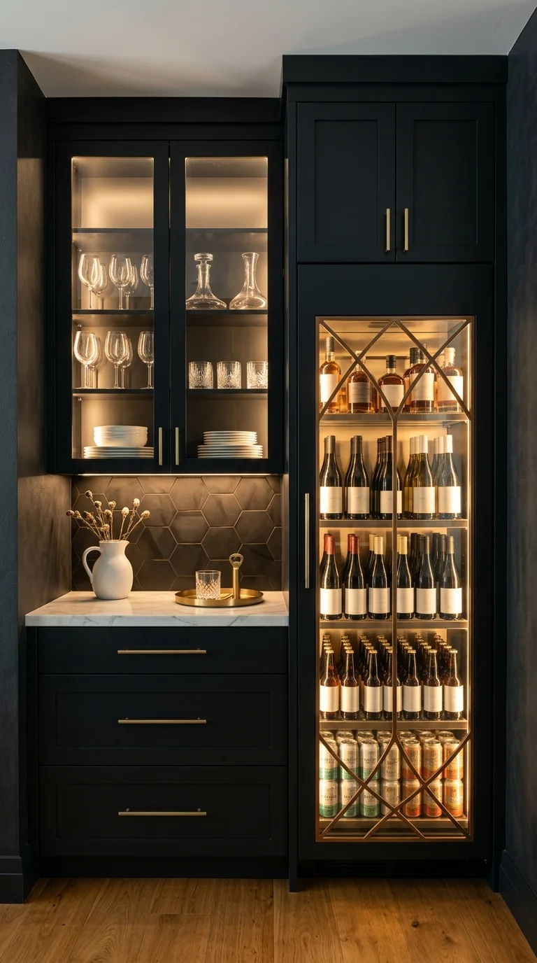 Black built-in bar cabinet with glass-front wine fridge, brass lattice overlay, and hexagon tile backsplash
