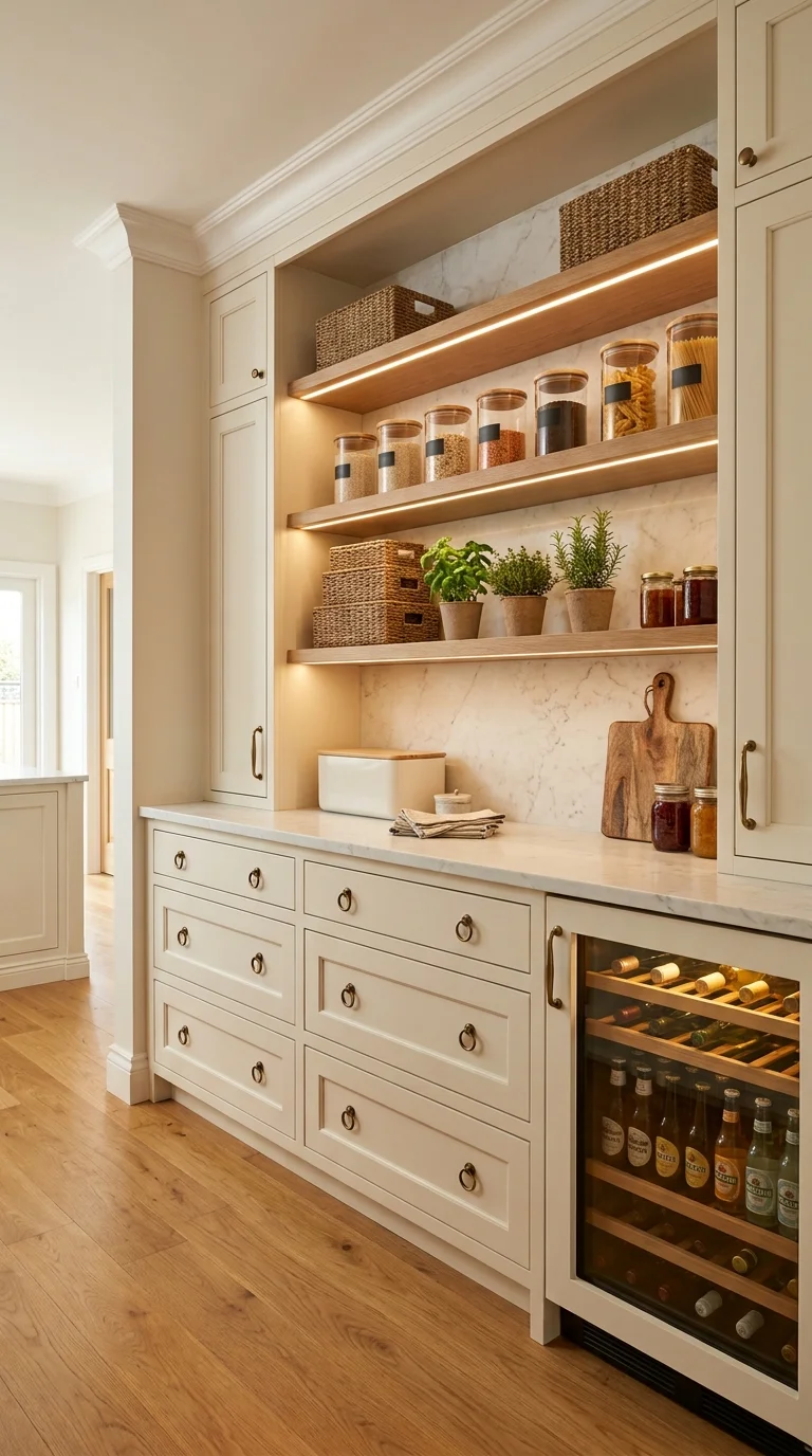 Cream built-in open shelving with marble backsplash, woven baskets, and a beverage fridge below