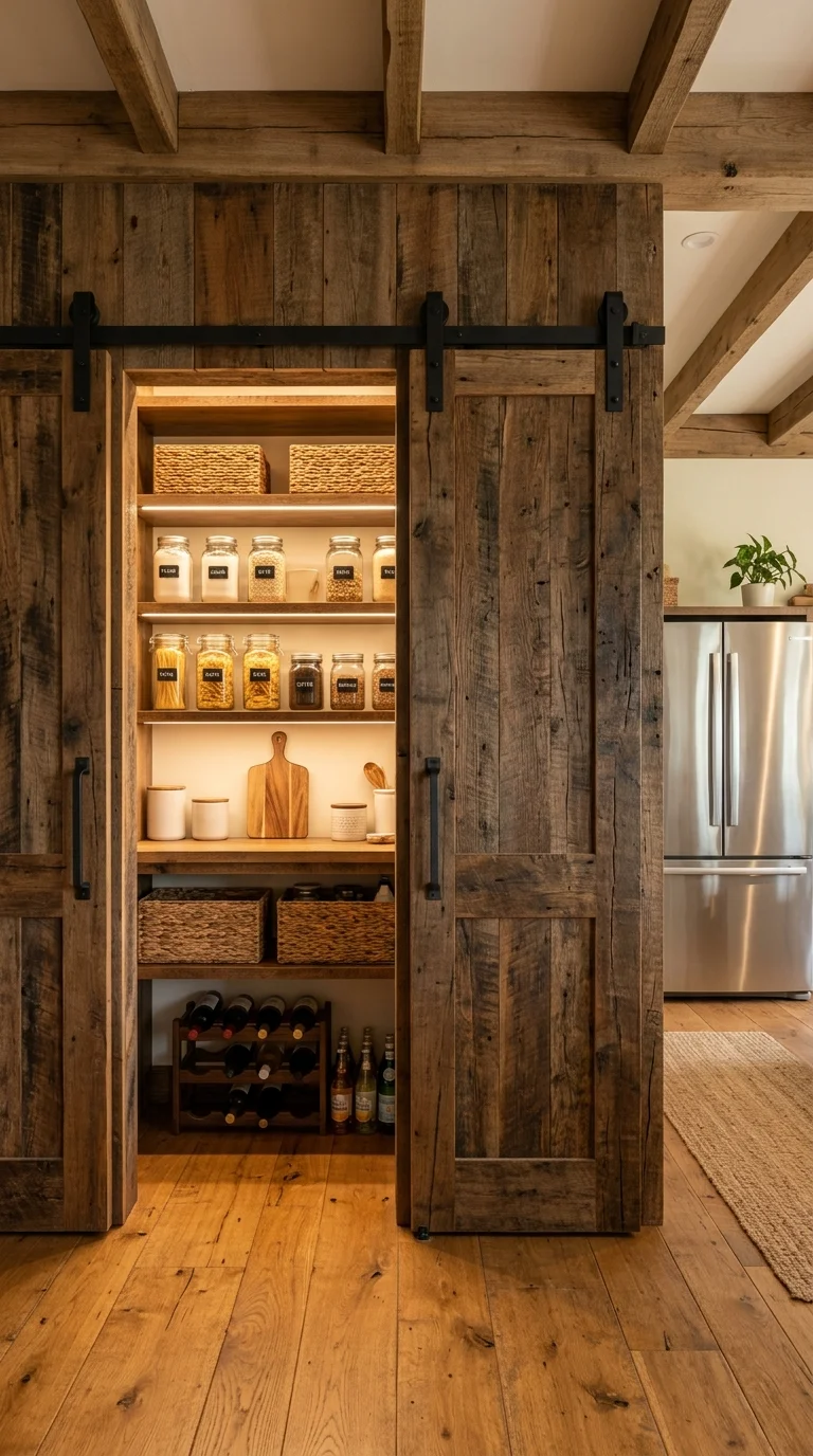 Rustic pantry behind reclaimed wood sliding barn doors with jars, cutting boards, and a small wine rack