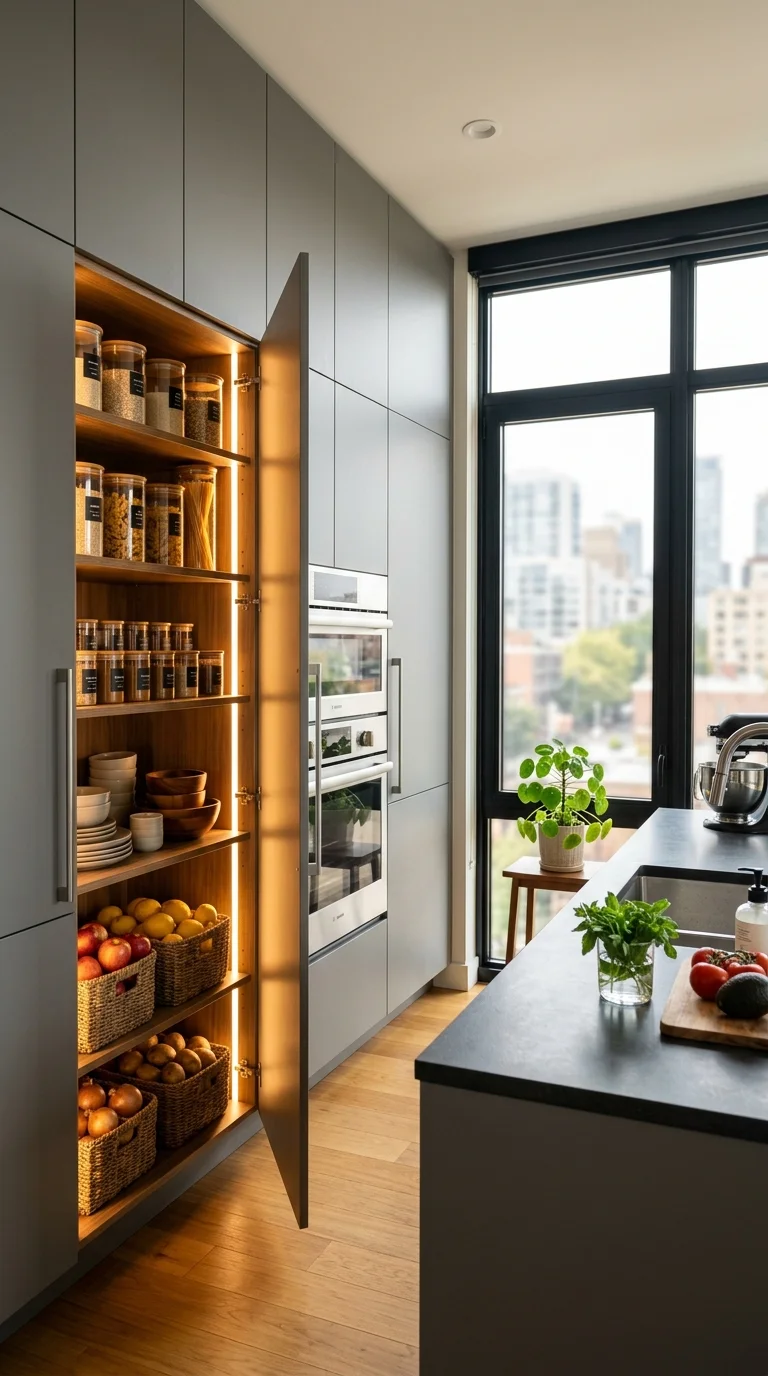 Tall flush gray pantry cabinet built into a wall of cabinetry with a city skyline view