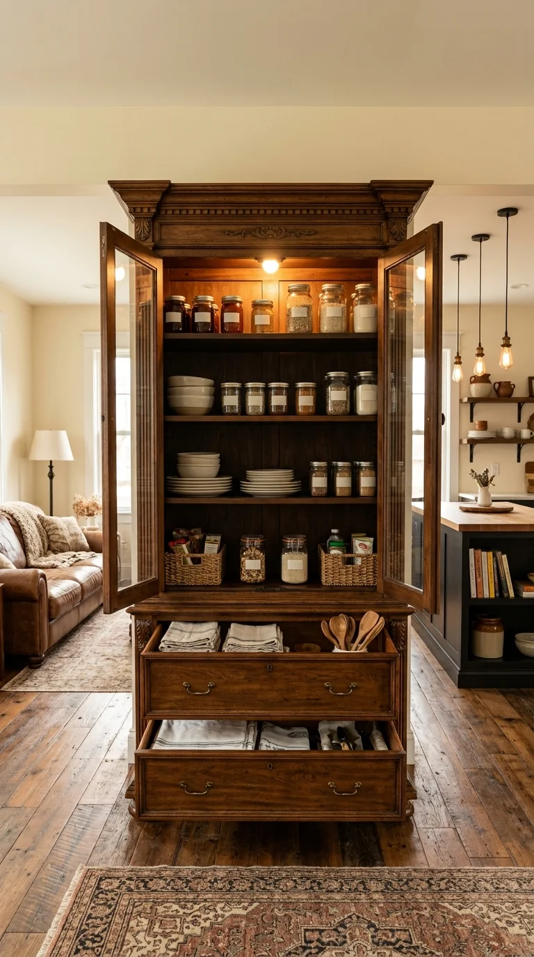 Antique wood armoire with glass doors used as a freestanding kitchen pantry in a farmhouse living space