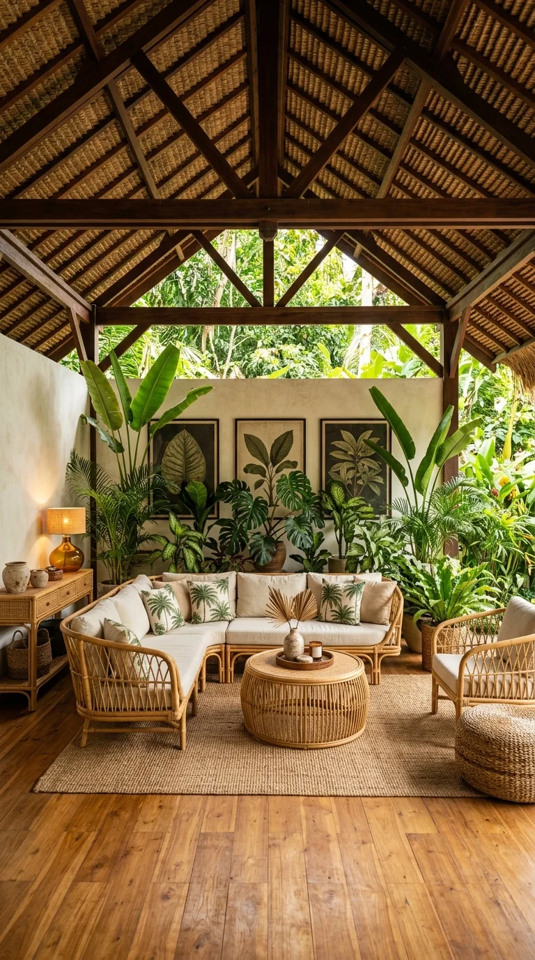 Open-air Bali-style pavilion with rattan sectional and layered tropical plants