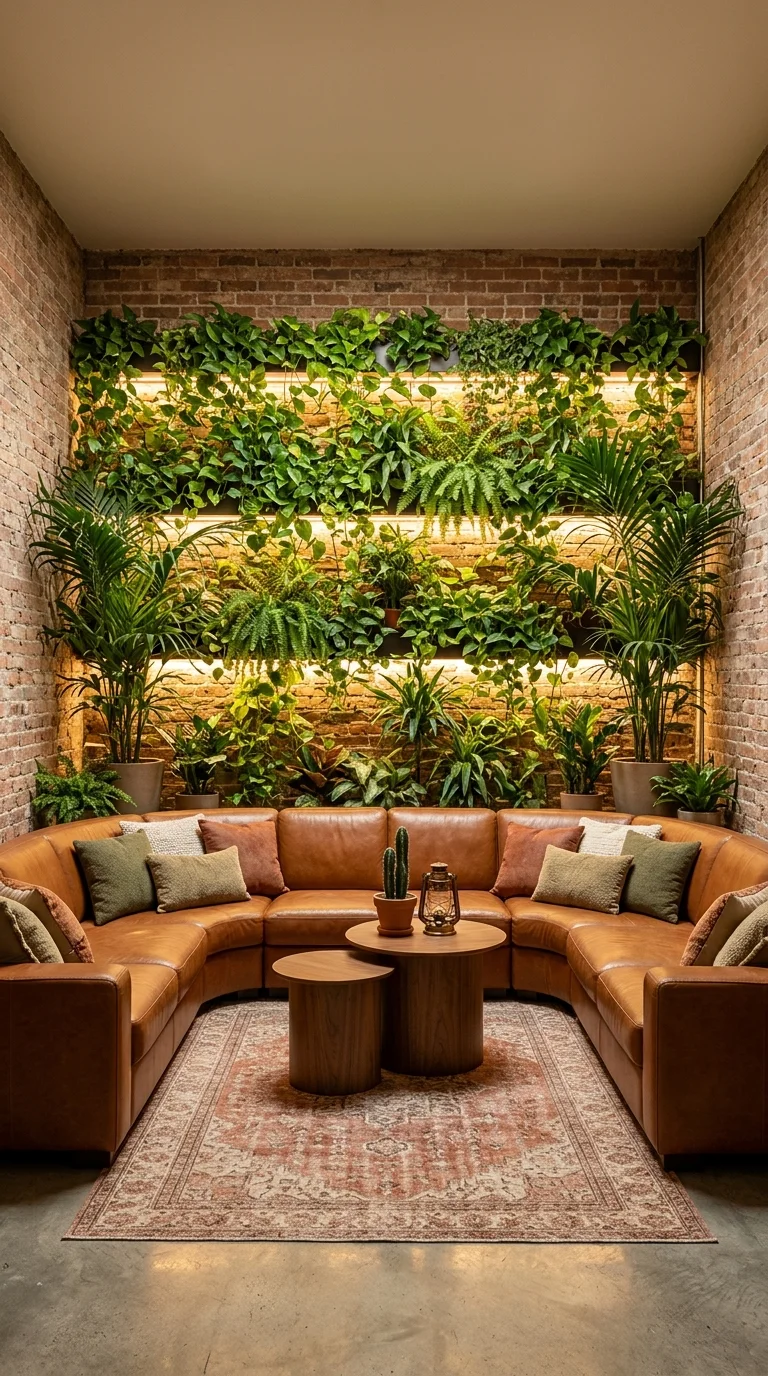Exposed brick wall lined with a living plant wall above a tan leather sofa