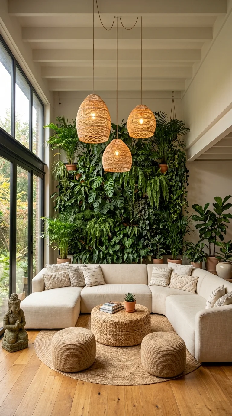 Neutral linen sofa beneath rattan pendant lights and a towering indoor plant wall