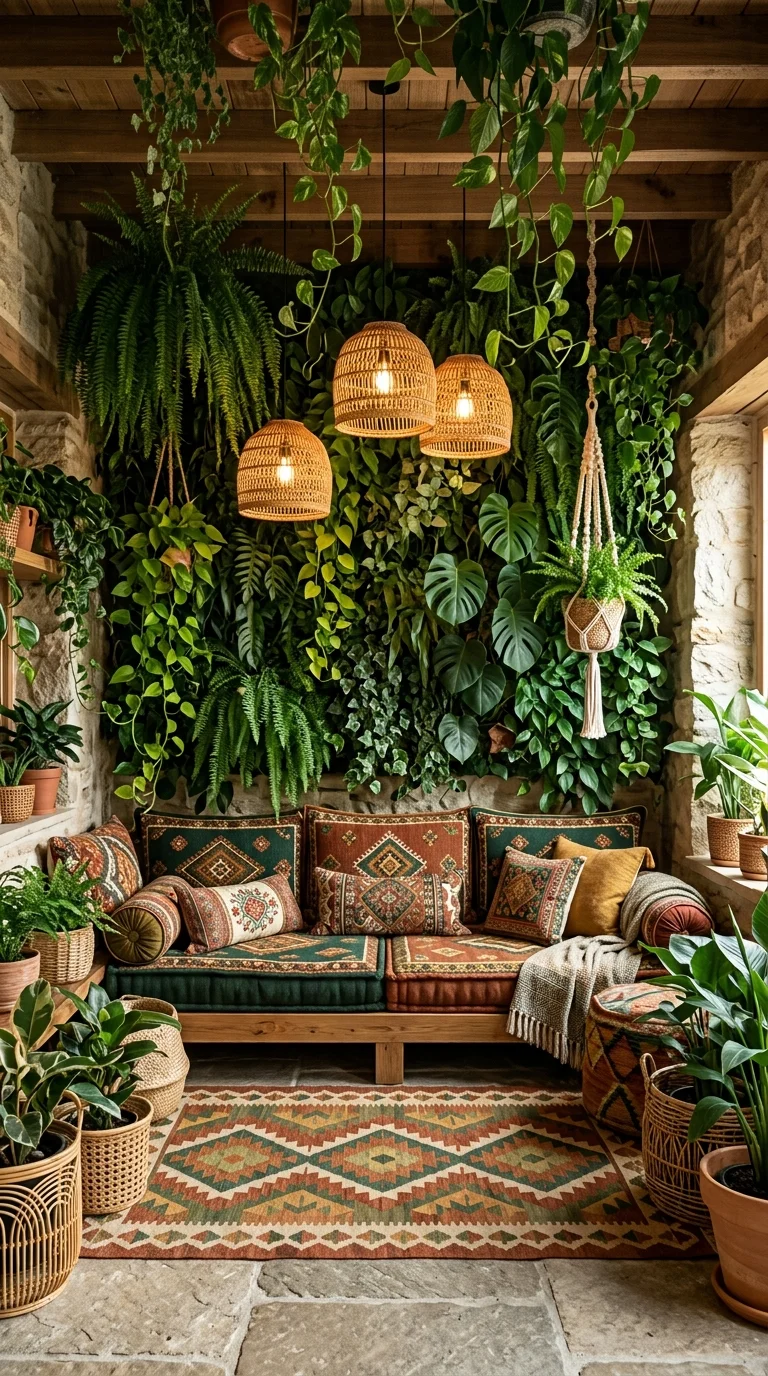 Stone alcove with kilim cushions, low wood seating and cascading hanging ferns