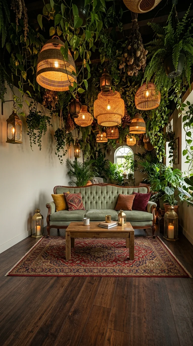 Vintage green velvet sofa under a dense canopy of hanging plants and lanterns