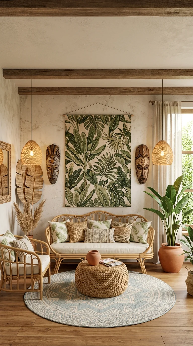 Rustic plaster living room with tropical leaf tapestry, tribal masks and rattan seating