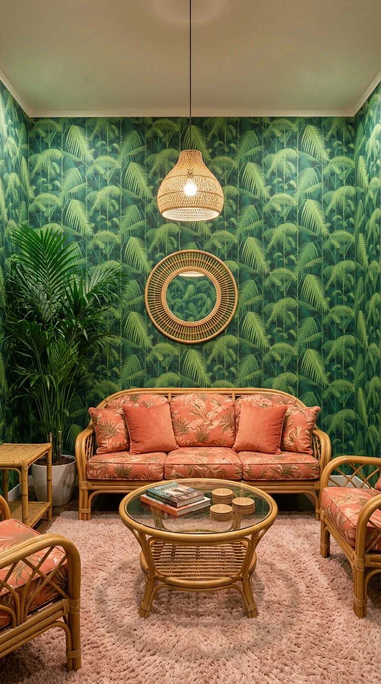 Tropical palm leaf wallpaper behind a coral floral rattan sofa and round mirror