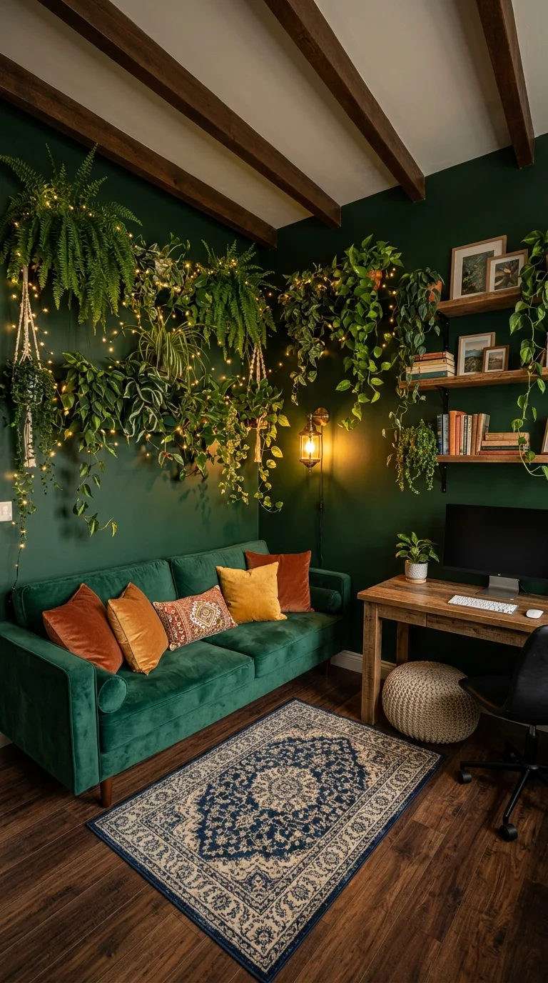 Dark green home office nook layered with trailing plants and fairy lights